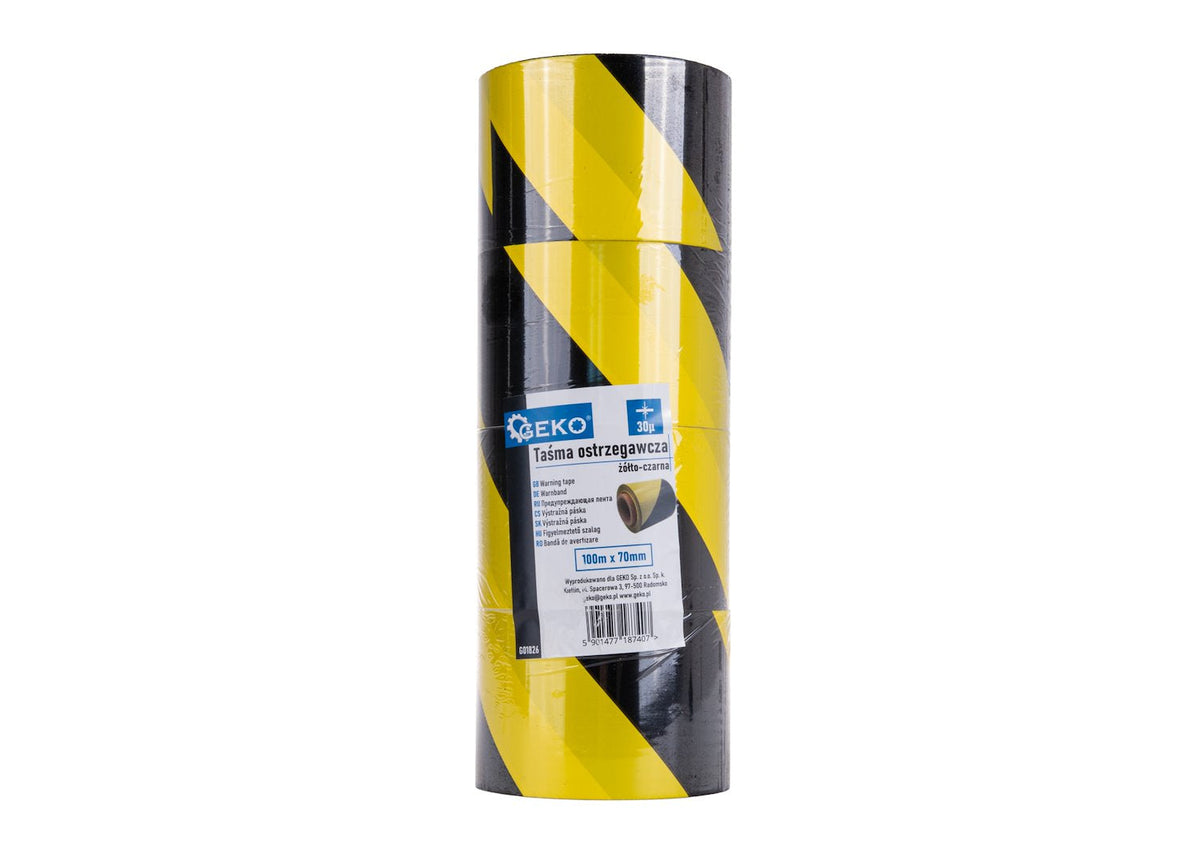 Kollane ja must hoiatusteip 100 m x 70 mm – 4 tk pakk – pilt 2