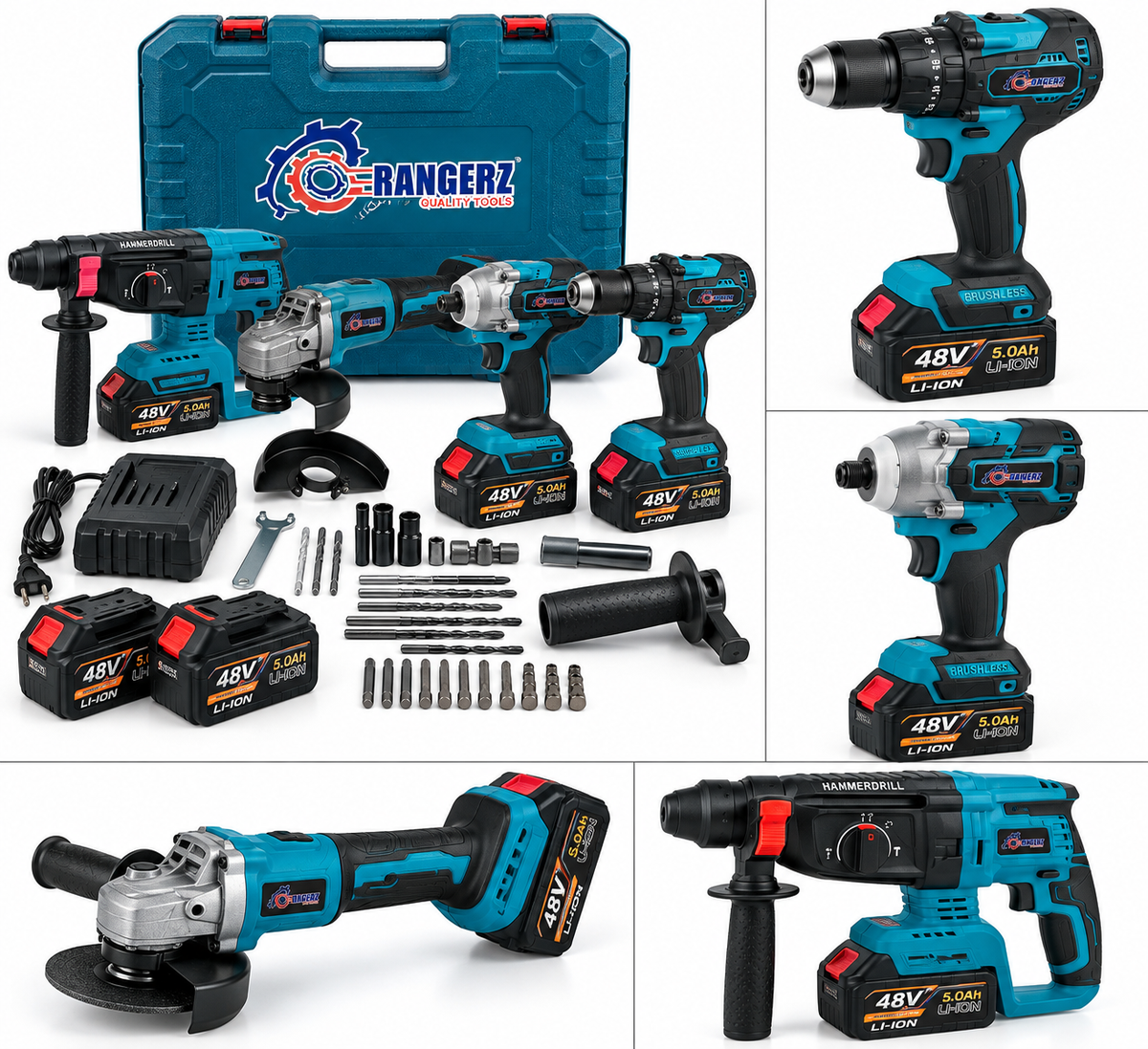 RANGERZ 4-ühes juhtmeta elektritööriistakomplekt 48 V 5,0 Ah, 2 akut, harjadeta RS-5018B – pilt 1