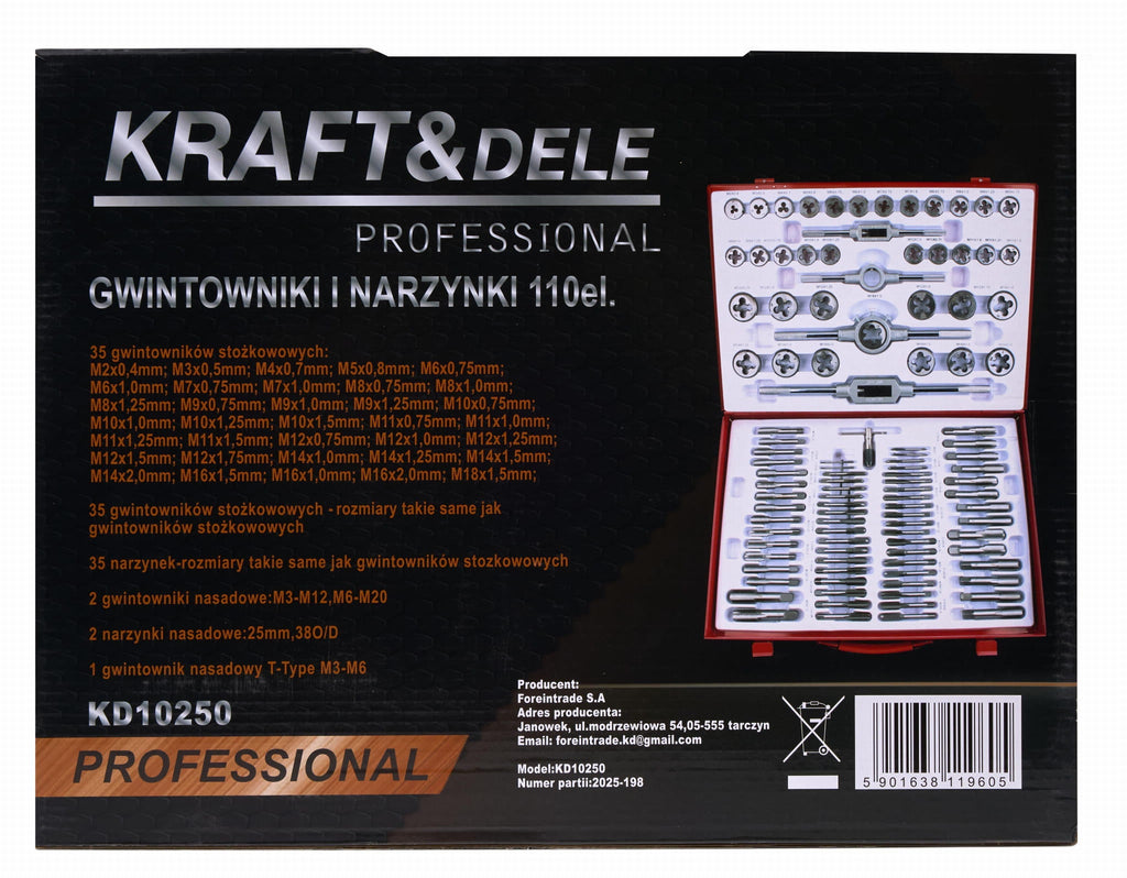 KRAFT&DELE 110-osaline keermepuuride ja keermelõikurite komplekt KD10250 – pilt 10