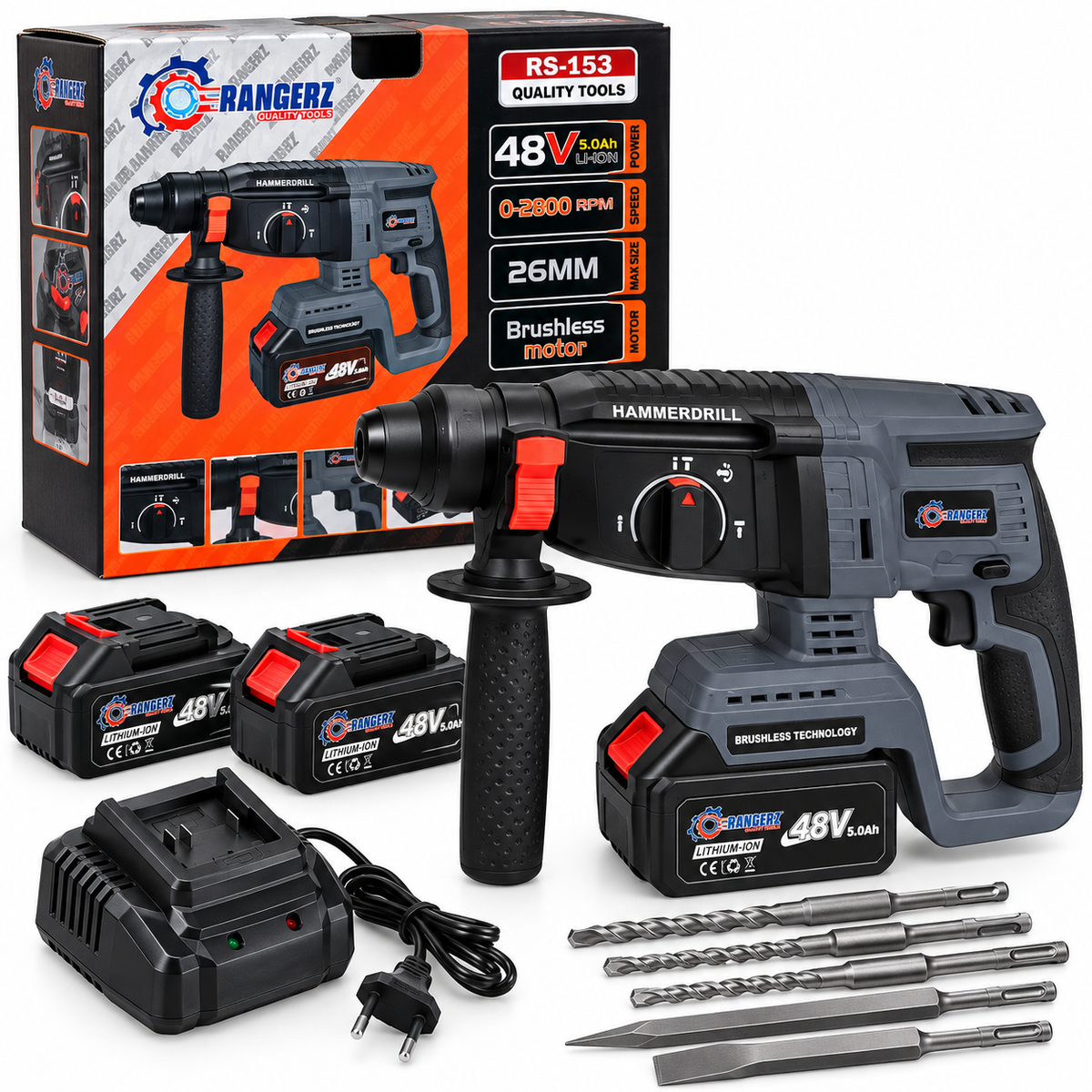 RANGERZ akupuurvasar 48 V 5,0 Ah, 26 mm, harjavaba, SDS-Plus, 2 akuga RS-153 – pilt 3