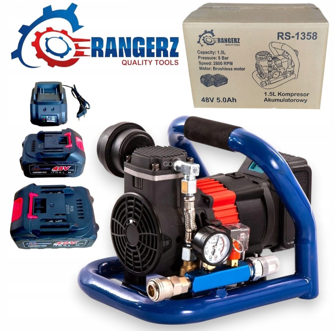 RANGERZ juhtmevaba õlivaba õhukompressor 1,5 l 48 V 8 bar kahe 5,0 Ah akuga RS-1358 – pilt 1