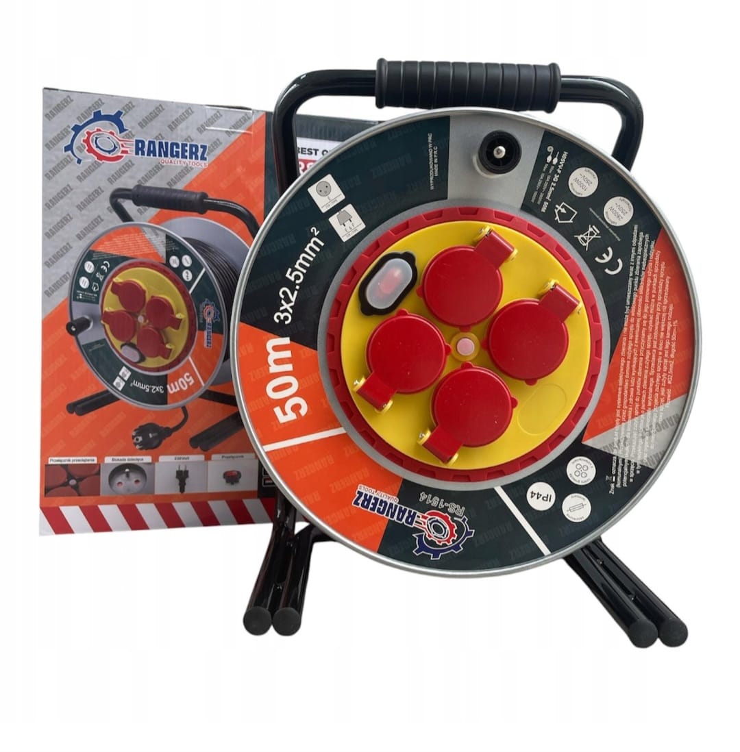 RANGERZ 50 m kaablitrumliga pikendusjuhe 3 × 2,5 mm², IP44, 4 maandusega pistikupesa RS-1514 – pilt 1