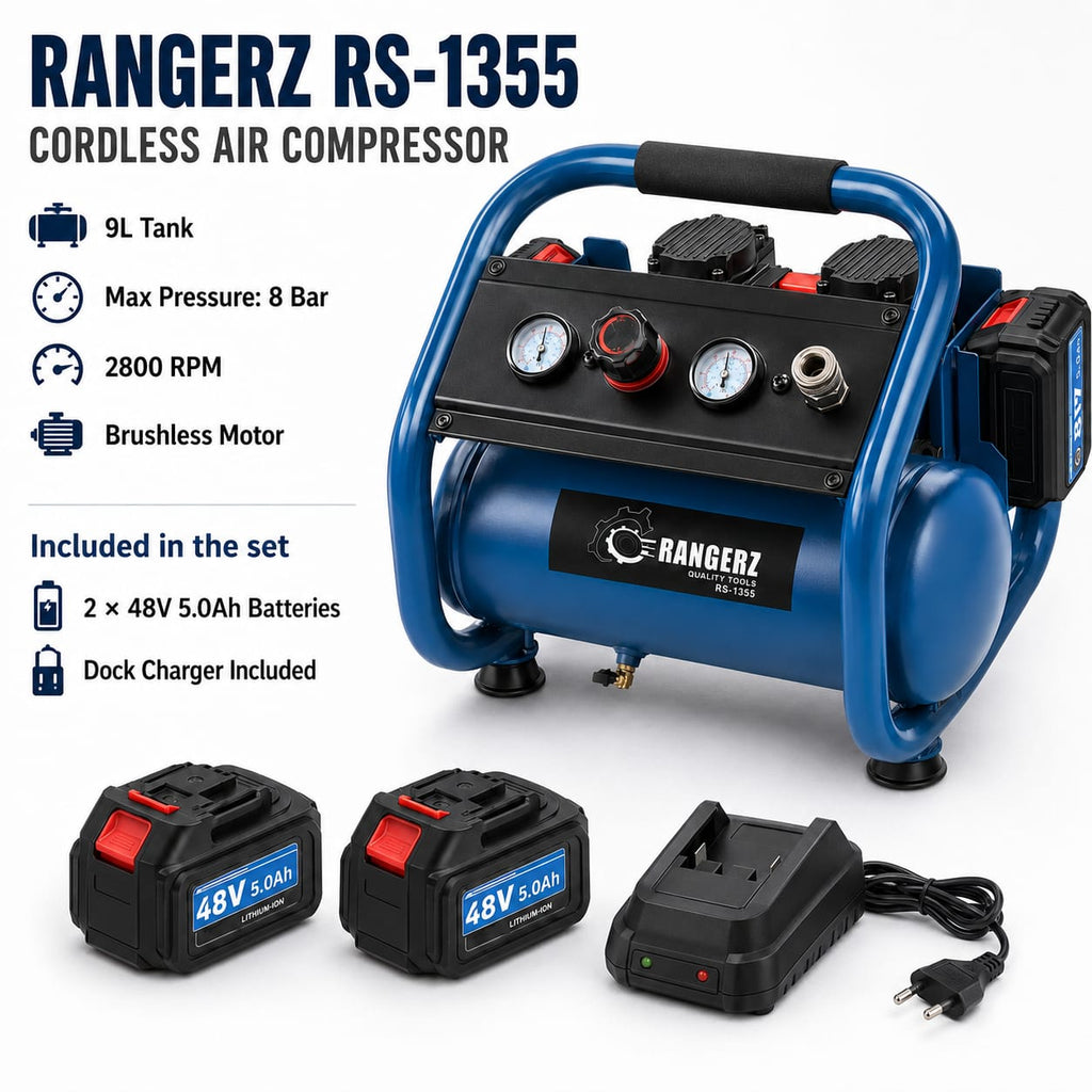 RANGERZ RS-1355 akuga õhukompressor – 9L | 8 Bar | 2× 48V 5.0Ah akut | harjadeta mootor – pilt 1