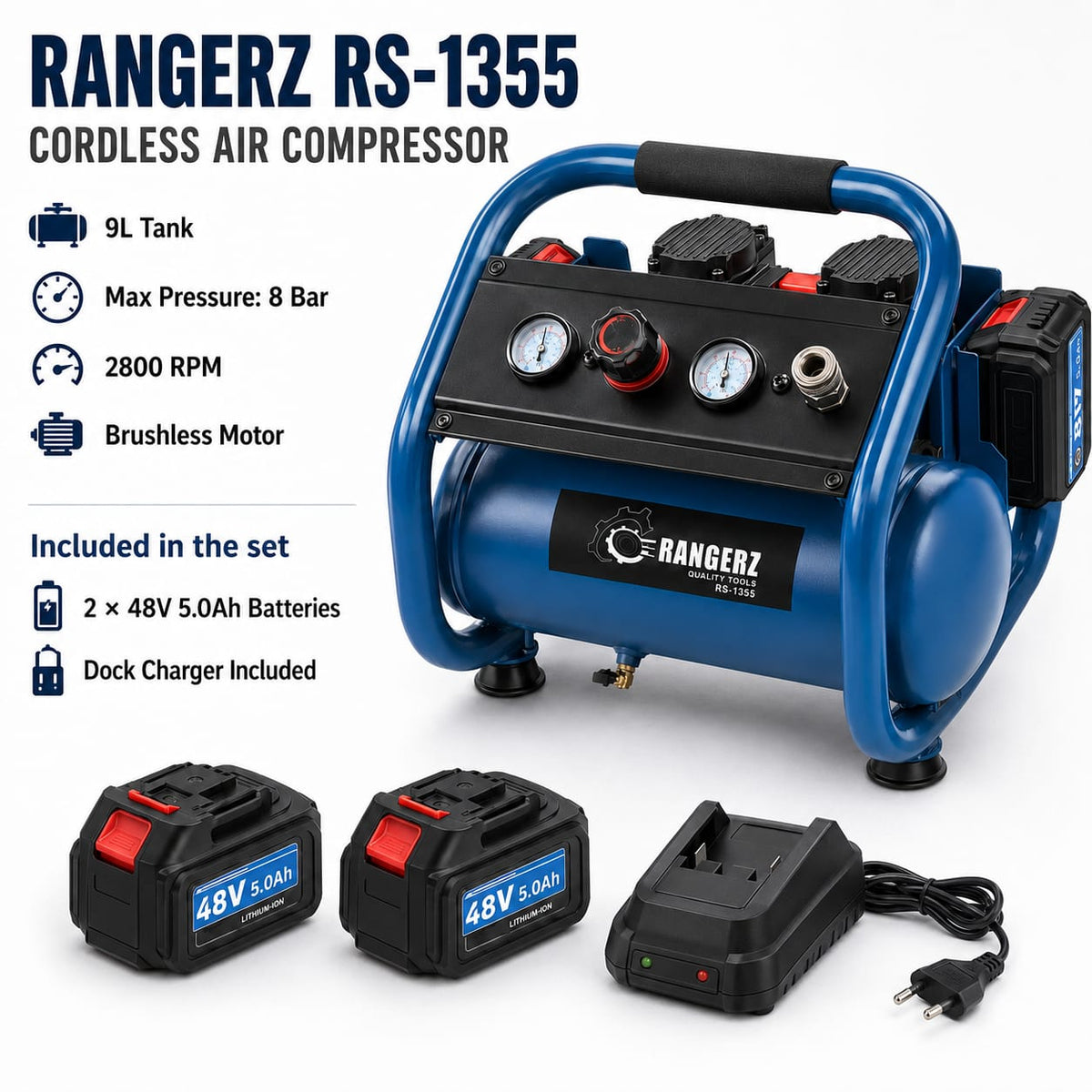 RANGERZ RS-1355 akuga õhukompressor – 9L | 8 Bar | 2× 48V 5.0Ah akut | harjadeta mootor – pilt 1