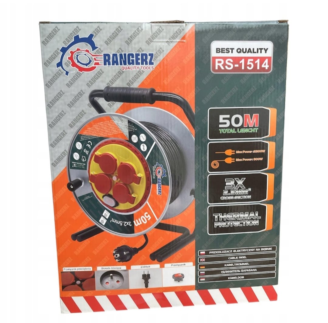 RANGERZ 50 m kaablitrumliga pikendusjuhe 3 × 2,5 mm², IP44, 4 maandusega pistikupesa RS-1514 – pilt 5