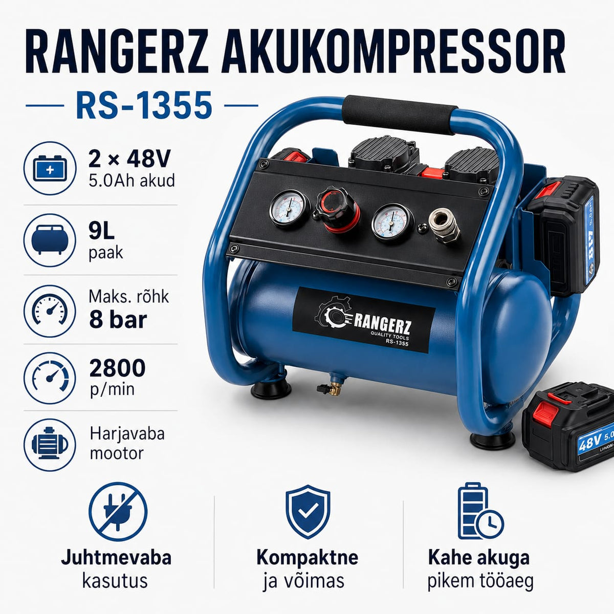 RANGERZ RS-1355 akuga õhukompressor – 9L | 8 Bar | 2× 48V 5.0Ah akut | harjadeta mootor – pilt 4