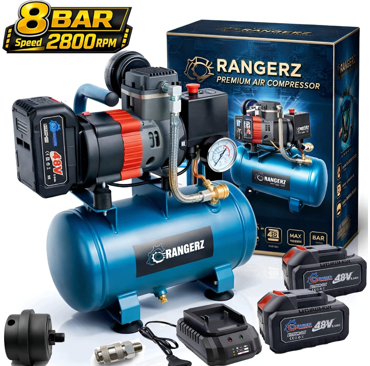 RANGERZ juhtmeta õlivaba õhukompressor 6L | harjadeta mootor | 8 Bar | 2 × 48V 5.0Ah akut – pilt 1