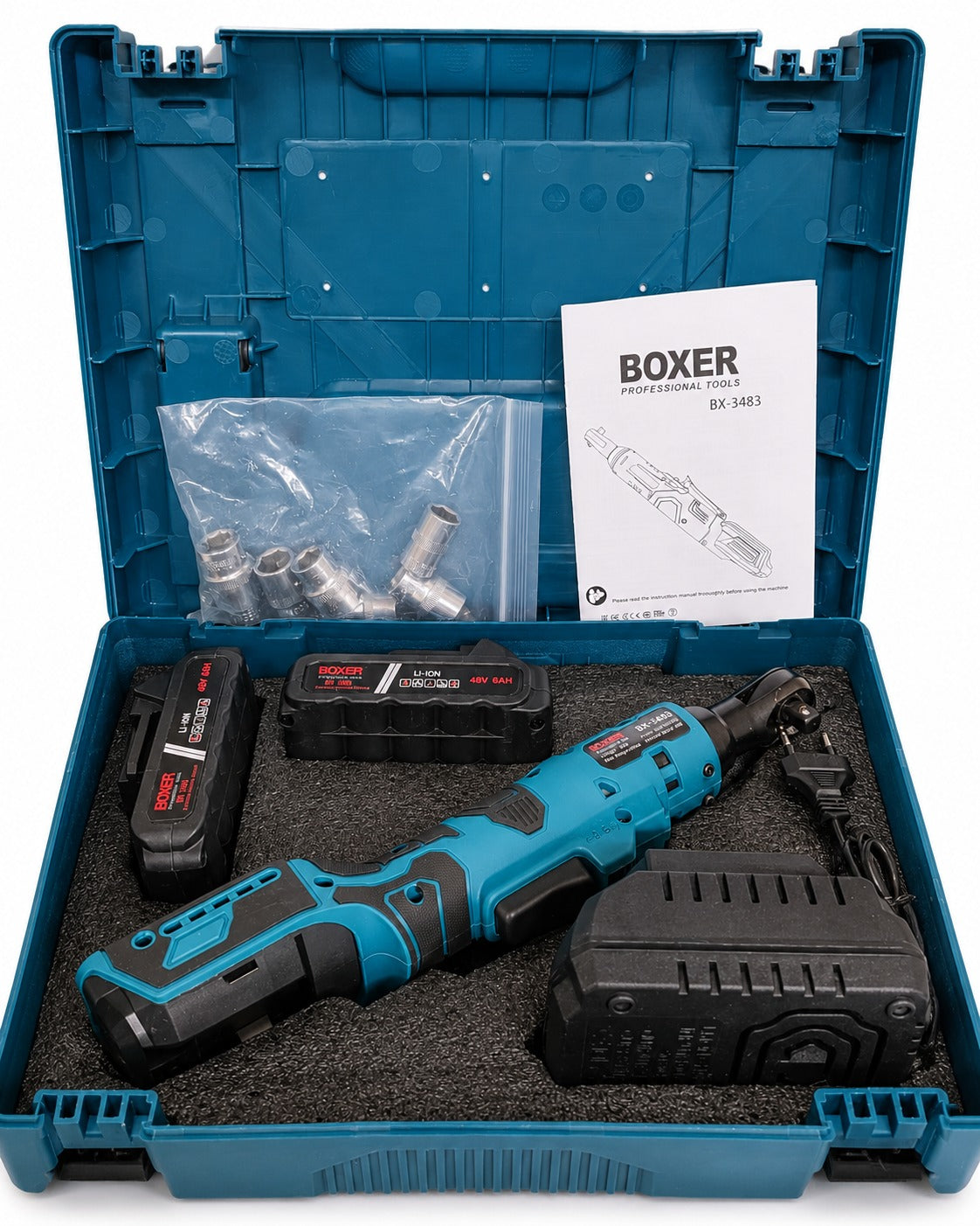 BOXER akuga põrkvõti 3/8″ 90 Nm koos 2 × 48 V 6 Ah akuga, kohvri ja padrunitega BX-3483 – pilt 3