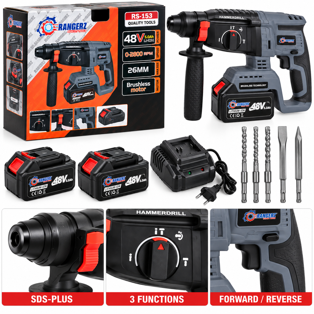 RANGERZ akupuurvasar 48 V 5,0 Ah, 26 mm, harjavaba, SDS-Plus, 2 akuga RS-153 – pilt 1