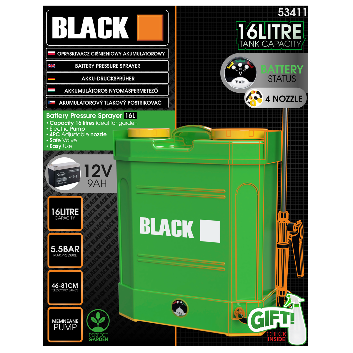 Blacktools 16 l akutoitega seljaprits 12 V 9 Ah koos akuga 53411 – pilt 3