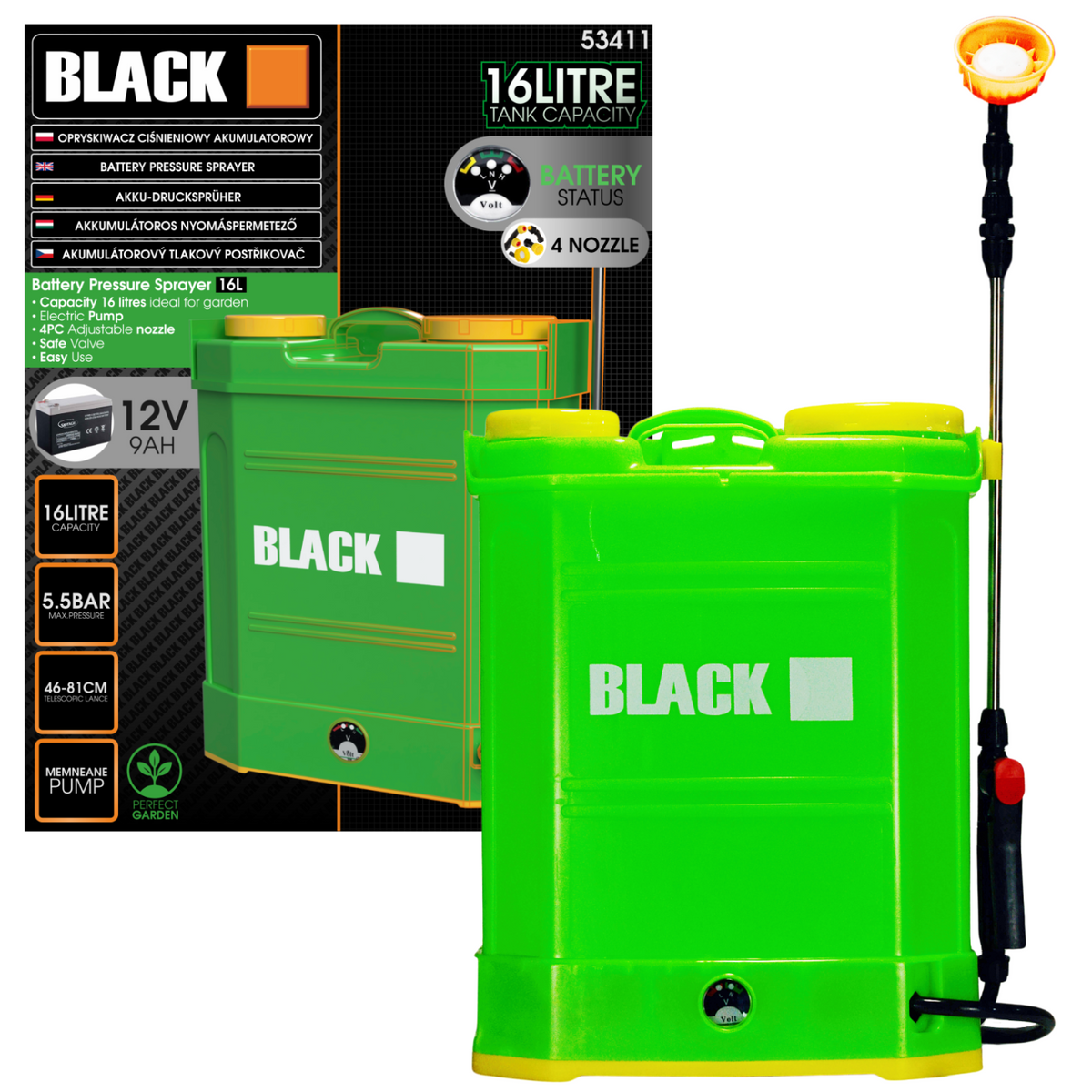 Blacktools 16 l akutoitega seljaprits 12 V 9 Ah koos akuga 53411 – pilt 2