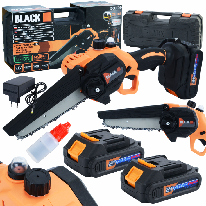 BLACKTOOLS juhtmeta kettsaag 150 mm 21 V 2 Ah kahe aku ja käsitsi ketimäärimisega 53739 – pilt 1
