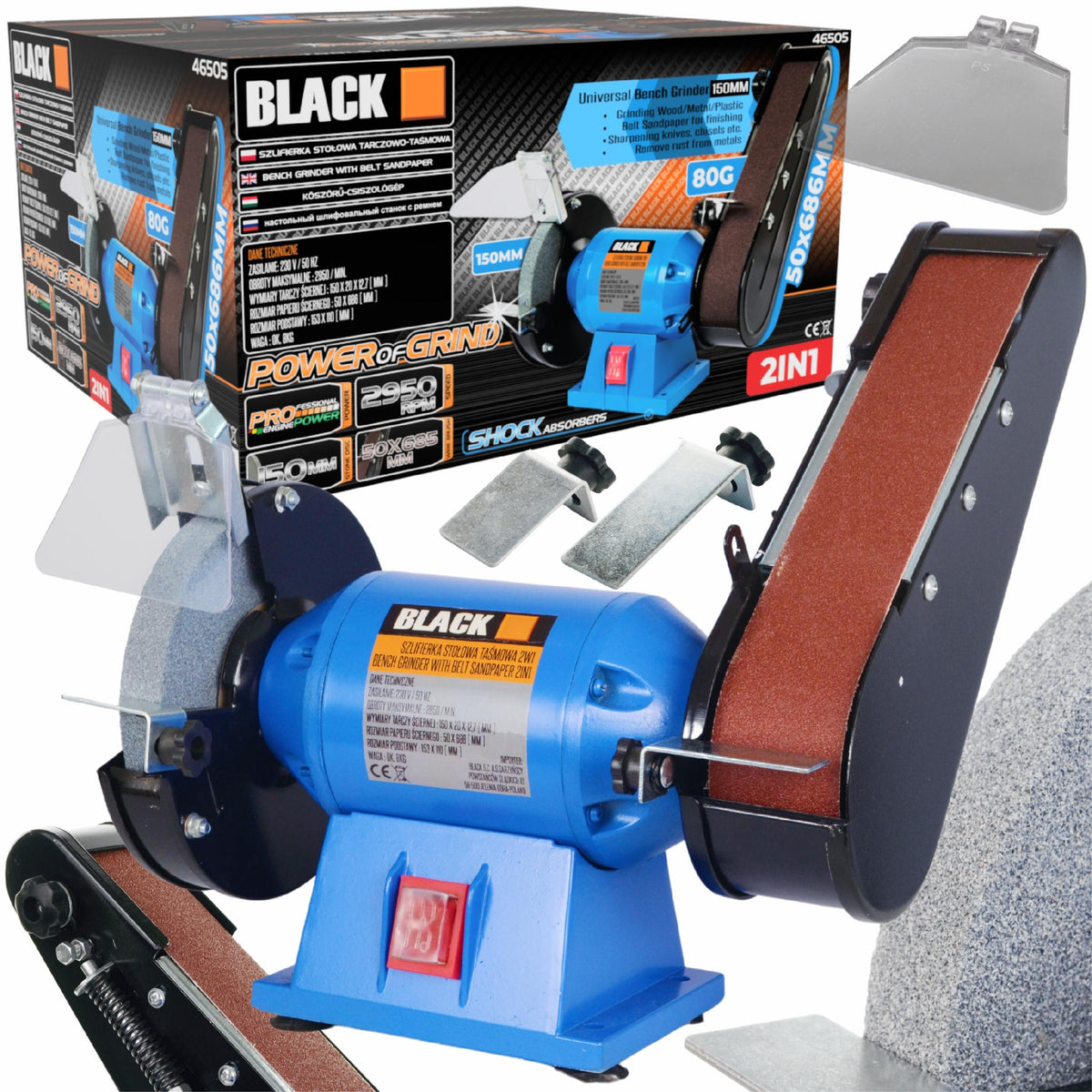 BLACKTOOLS lauapealne ketas-lintlihvija, 150 mm / 50 × 686 mm, 250 W, pehme käivitus 46505 – pilt 1