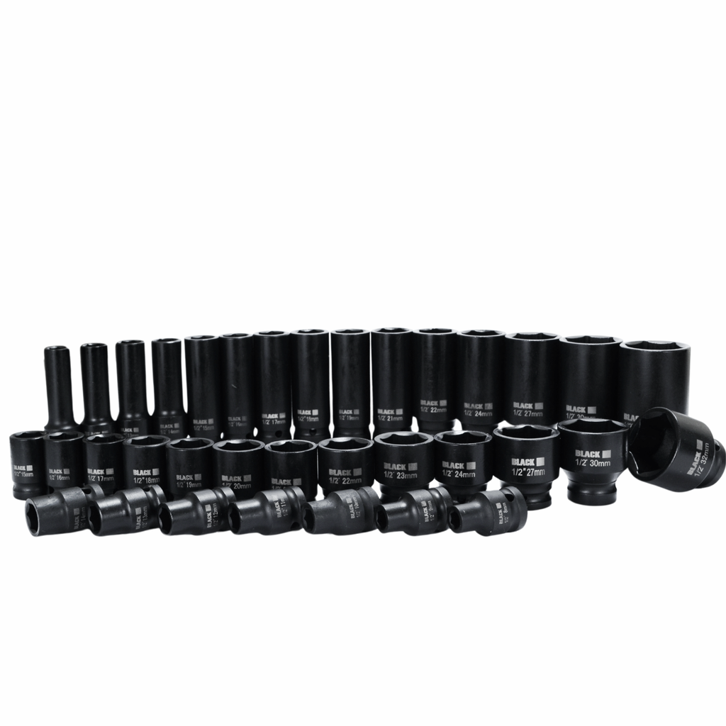 BLACK 35-osaline 1/2″ kuuskant-löökpadrunite komplekt 8–32 mm CrMo kohvris 13311 – pilt 5