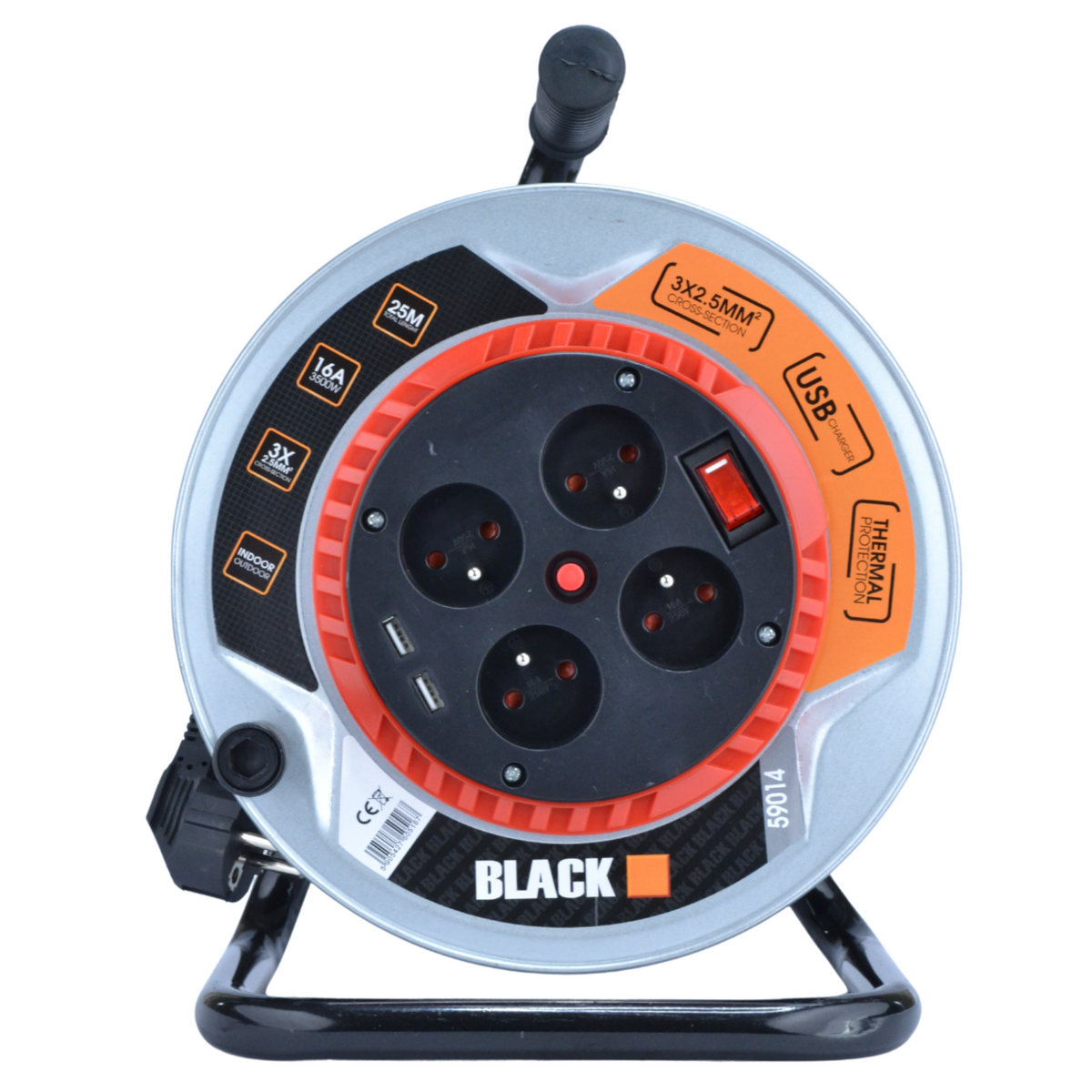 Blacktools metallraamiga kaablitrumliga pikendusjuhe 25 m, 4 pistikupesa ja 2 USB-pesa 59014 – pilt 3