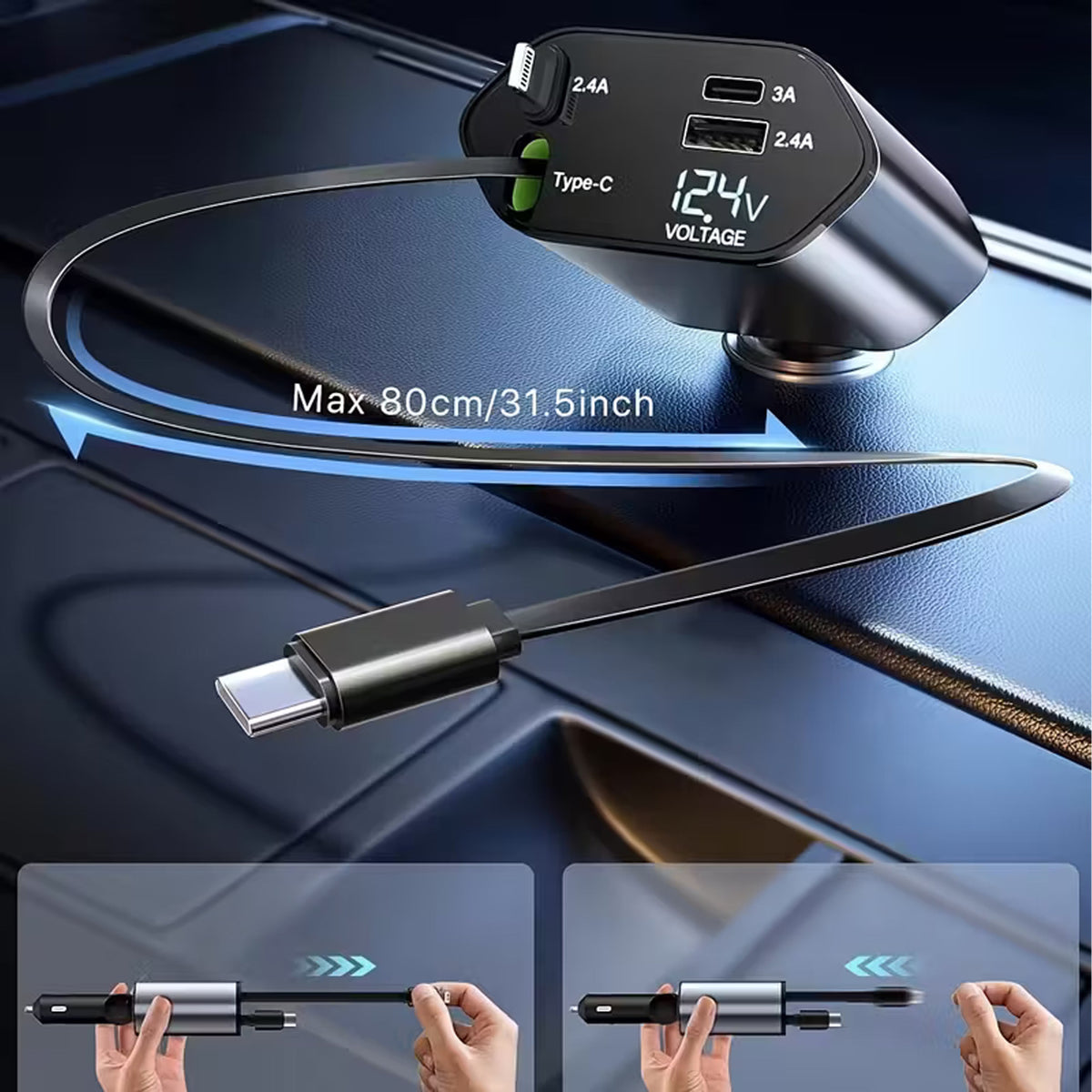 USB-C autolaadija iOS-seadmetele pöördliigendi ja sissetõmmatava kaabliga 100 W 80 cm RC-K-1955 – pilt 2