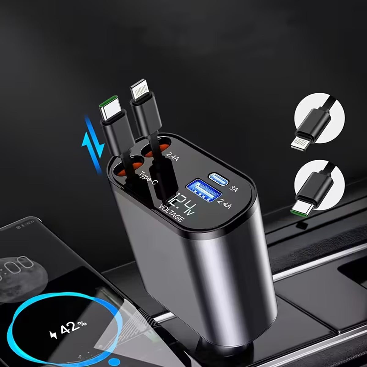 USB-C autolaadija iOS-seadmetele pöördliigendi ja sissetõmmatava kaabliga 100 W 80 cm RC-K-1955 – pilt 5