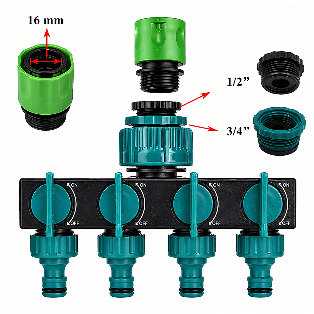 4 väljundiga aiavooliku kraanijagur ventiilide ja 3/4″-lt 1/2″-le reduktoriga RC-K-2331-15337 – pilt 5